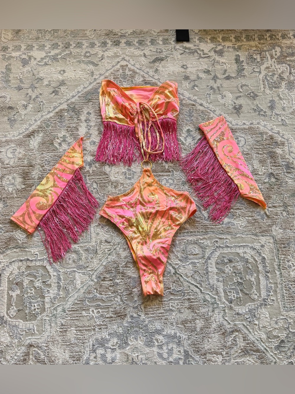 Tasteful GirlsWomen’s Pink & Gold Fringe Bodysuit Set with Removable Arm Tassels